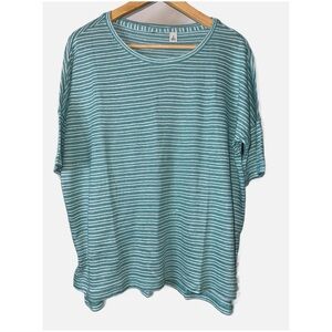 LL Bean-Blue/teal White Stripe Short Sleeve Crew Neck Linen Blend Top SIZE SMALL